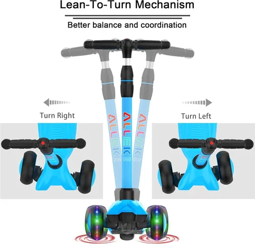 Miniatura 6 de Allek - Kick Scooter B03. Monopatín de 3 ruedas con ruedas de PU extra anchas y luminosas, sistema Lean 'N Glide, manillar ajustable a cualquier