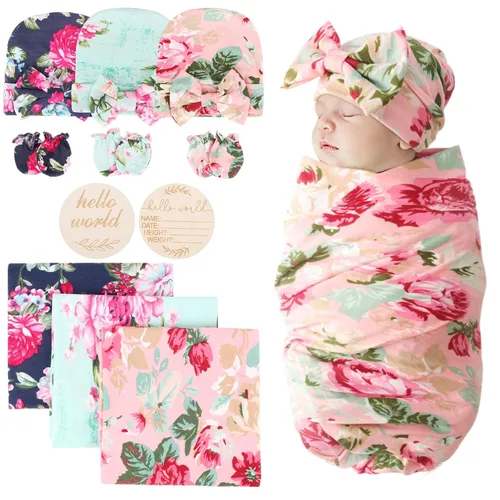 Miniatura 30 de DRESHOW BQUBO Manta de Recepción para Recién Nacido con Conjunto de Gorro con Lazo Estampado de Flores Manta Envolvente para Bebé con Gorro 1 juego