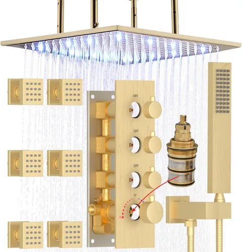 Miniatura 9 de HOMEDEC Sistema de ducha de lluvia LED de 16 pulgadas, válvula desviadora termostática de 3 vías con 6 pulverizadores corporales, todas las Negro