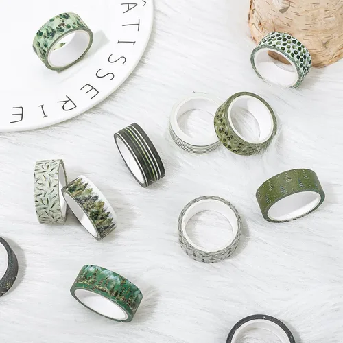 Miniatura 5 de Whaline 12 Rollos Cinta Washi Bosque Verde Acuarela Vegetación Navideña Cinta de Enmascarar Patrón de Plantas de Árboles Verdes del Bosque Cinta