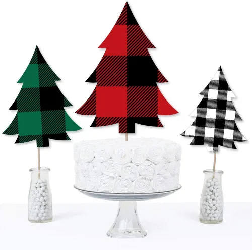 Miniatura 3 de Big Dot of Happiness Holiday Plaid Trees - Palitos de centro de mesa de fiesta de Navidad a cuadros de búfalo - Juego de 15