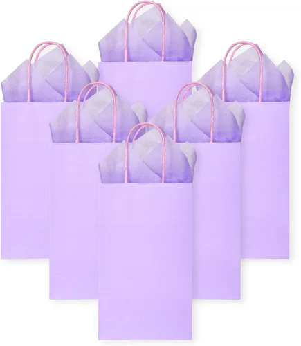 Miniatura 7 de DjinnGlory Paquete de 24 pequeñas bolsas de regalo de papel lavanda morado con asas de 9 x 5.5 x 3.15 pulgadas y 24 papel de seda para negocios