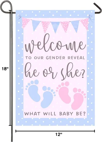 Miniatura 10 de Bandera de jardín de 12 x 18 pulgadas, bandera rosa y azul de doble cara, bandera de revelación de género para niño o niña, huella de bebé, pancarta