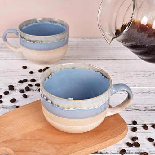 Miniatura 5 de Bosmarlin Juego de 2 tazas de café grandes de cerámica, tazas de café jumbo de gres para oficina y hogar, 16 onzas, aptas para lavavajillas y Azul