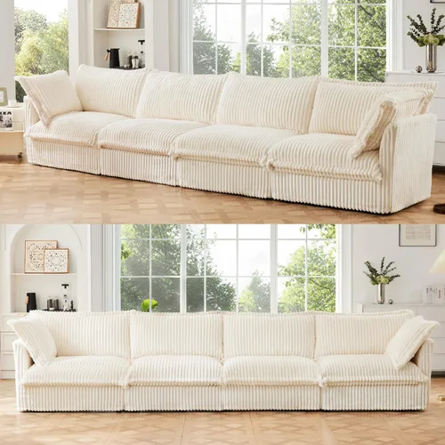 Miniatura 8 de KEIKI Sofá modular de pana de 83 pulgadas, cómodo juego de sofá nube blanco con 2 almohadas, moderno sofá de asiento con cojines profundos y suaves