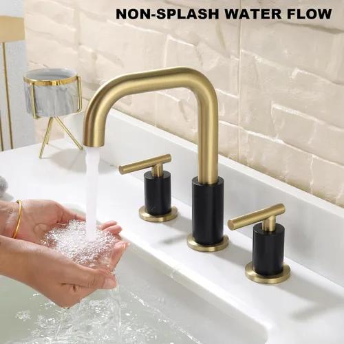 Miniatura 3 de ChiLDano Grifo de baño extendido de 8 pulgadas con desagüe y manguera de suministro, grifo de baño negro y dorado para lavabo de 3 orificios, grifo