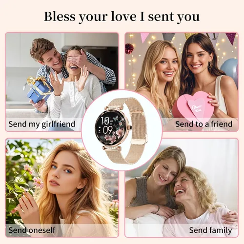 Miniatura 4 de Reloj inteligente para mujer Android/iOS, IP68, impermeable, con llamadas Bluetooth, recordatorio menstrual femenino (2 correas doradas)