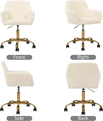 Miniatura 6 de KCC Silla de Tocador de Maquillaje de Tela de Pana, Sillón Giratorio Esponjoso Moderno con Ruedas, Tapizada Mullida de Altura Ajustable para Niñas
