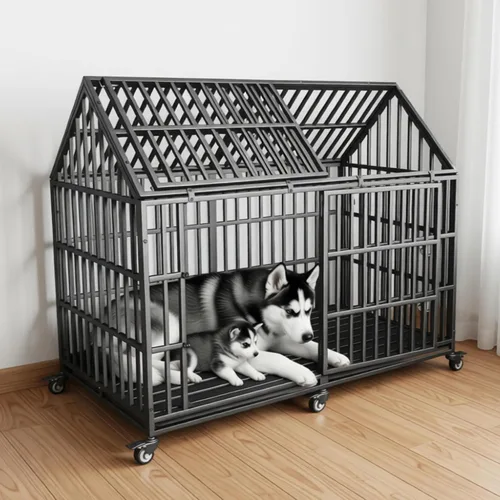 Miniatura 8 de Jaula resistente para perros de 54 pulgadas, jaula para perros gigantes extra grandes con 2 puertas, ruedas con bloqueo, bandejas extraíbles, acceso