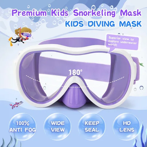 Miniatura 2 de Máscara de snorkel para niños, máscara de buceo de 180° con cubierta para la nariz, gafas de natación antiniebla para niños con correa de tela
