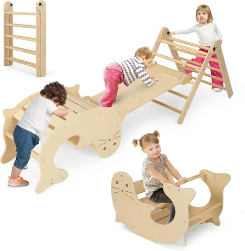 Miniatura 12 de HONEY JOY Juguetes de escalada de madera 5 en 1 para niños pequeños, escalador triangular con rampa para deslizarse o escalar, juego de arco