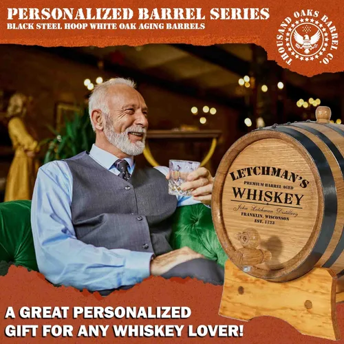 Miniatura 5 de Barril personalizado de 2 litros de roble americano para envejecimiento de whisky con soporte de madera, tapón y canilla - Mini barriles de 2L