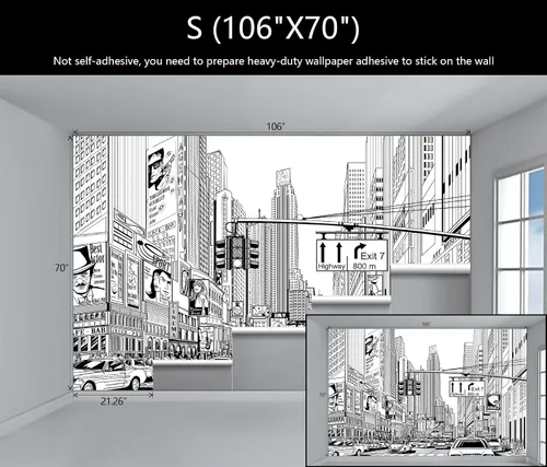 Miniatura 4 de Papel pintado en blanco y negro de la ciudad de Nueva York, mural de pared pintado a mano Times Square para decoración de sala de estar, dormitorio