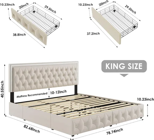 Miniatura 2 de Keyluv Marco de Cama Tapizada con LED Tamaño King con 4 Cajones, Cama de Plataforma de Terciopelo con Almacenamiento con Cabecero Capitoné de Beige