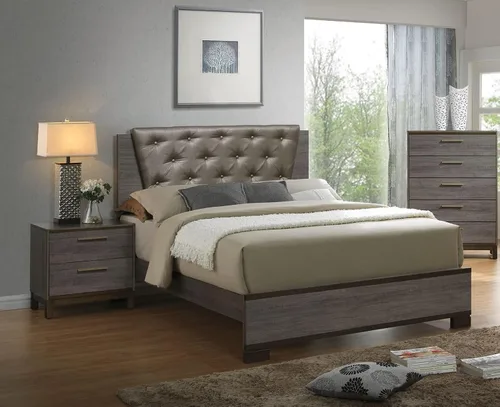 Miniatura 3 de NewCosmos Mesita de noche contemporánea de dos tonos gris antiguo, mueble de dormitorio, mesita de noche, centro de metal, tiradores de barra