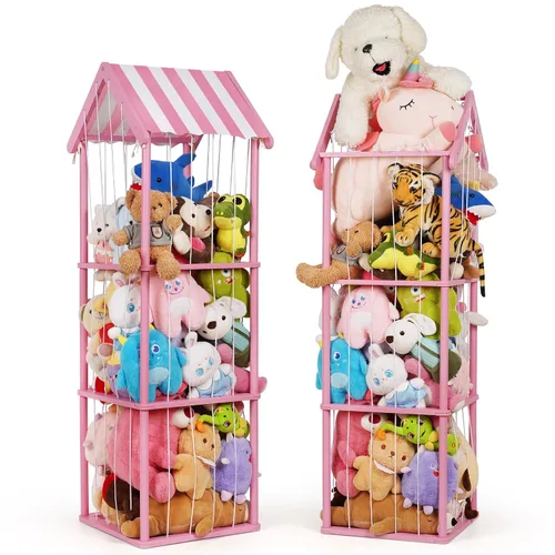 Miniatura 11 de Edudif Almacenamiento de animales de peluche, soporte vertical para animales de peluche de madera, fácil montaje, organizador de juguetes de peluche