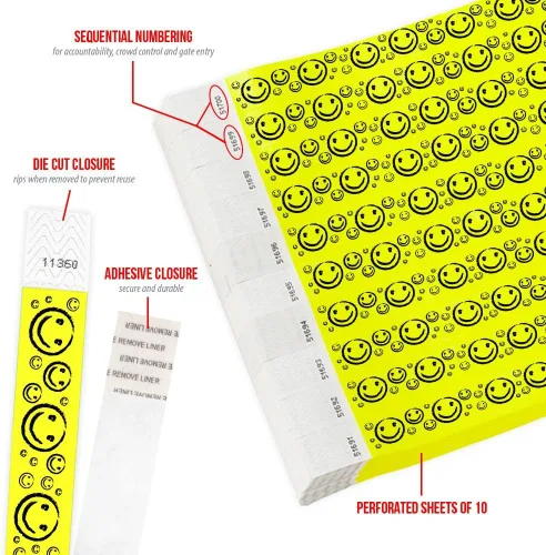 Miniatura 2 de 200 pulseras Tyvek de Wristco con cara sonriente amarilla para eventos, ¾ x 10 pulgadas, impermeables, reciclables, cómodas, resistentes a Amarillo