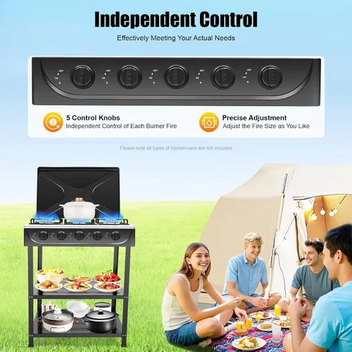 Miniatura 3 de Estufa de gas natural para encimera con 5 quemadores, cocina portátil de gas propano/gas natural con control independiente, cocina de encimera