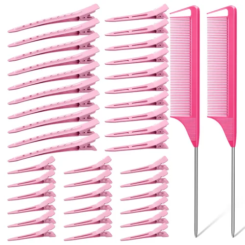 Miniatura 9 de MORGLES - 3 tamaños de pinzas de metal para el cabello, 70 unidades, pinzas de cocodrilo sin arrugas para rodillos de pelo con 2 peines de Plateado