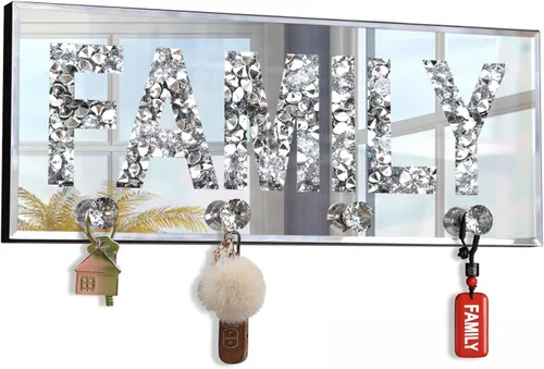 Crushed Diamond Mirrored FAMILY - Letrero de placa de letras de espejo plateado de 15 pulgadas con 4 ganchos acrílicos de cristal, colgador de