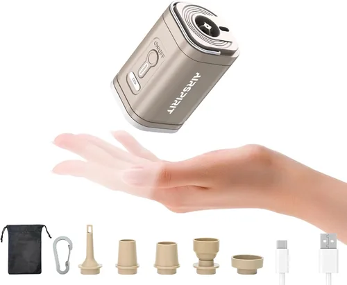 Miniatura 12 de Mini bomba de aire eléctrica portátil para inflables, luz de campamento (SOS), 5 boquillas universales, clip de mosquetón, recargable de 1200 mAh