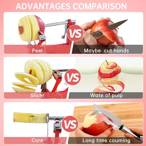 Miniatura 7 de Pelador de manzanas, cortador de patatas 3 en 1, acero inoxidable resistente con base de ventosa (rojo)