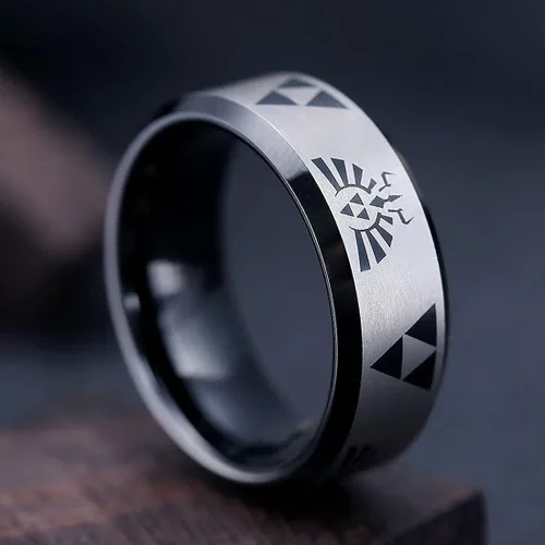 Miniatura 3 de King Will Anillo de boda de carburo de tungsteno negro y azul de 0.315in para hombre The Legend of Zelda, con acabado mate, bordes biselados
