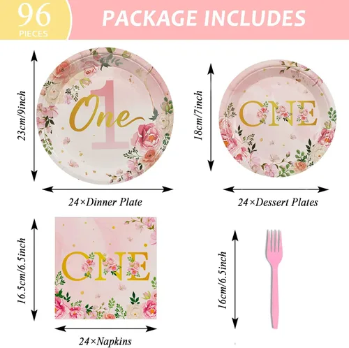 Miniatura 2 de 96 piezas de suministros para fiesta de primer cumpleaños, vajilla de un año para niñas con platos florales de cumpleaños, servilletas, vajillas
