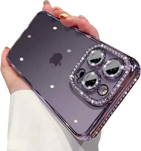 Miniatura 8 de Funda compatible con iPhone 11 Pro Max con protector de lente de cámara de diamante con purpurina, bonita funda de cristal transparente a prueba