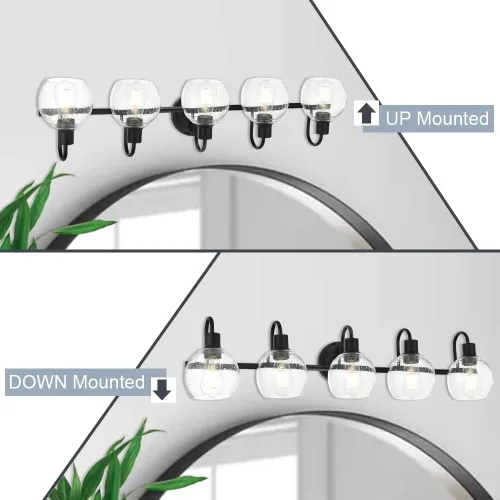 Miniatura 3 de Accesorios de iluminación de tocador de baño negros de 5 luces sobre espejo, iluminación moderna de pared con apliques de vidrio esmerilado