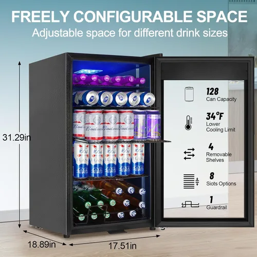 Miniatura 2 de Refrigerador de bebidas para 128 latas, 3.2 pies cúbicos con puerta de vidrio para bebidas, cerveza, soda, vino, pequeño refrigerador de cerveza