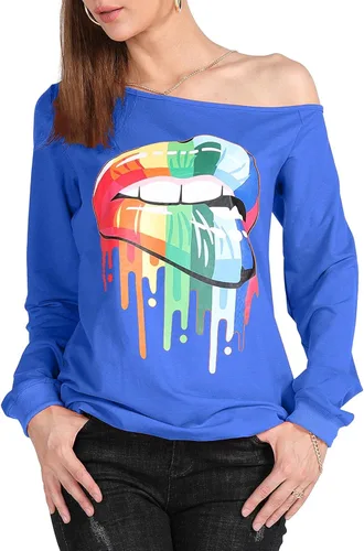 Miniatura 3 de MAGICMK Sudaderas de manga larga con hombros descubiertos para mujer con estampado de labios y hombros descubiertos