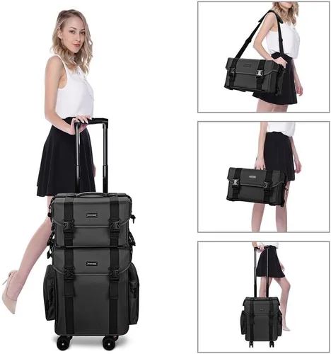 Miniatura 9 de Estuche con rueditas AW 2 en 1 para maquillaje, ligero, color negro, de tela oxford, 15x11x25 pulgadas, bolsa para cosméticos con cajones