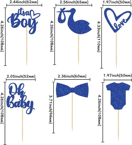 Miniatura 2 de Gyufise Paquete de 36 adornos para cupcakes "It's a Boy" con corbata, mameluco de amor, corazón, azul profundo, purpurina azul oscuro, decoración
