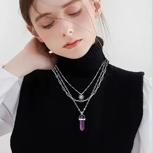 Miniatura 4 de MJartoria Collar de pentagrama de luna, collar de chakra de cristal, colgante, con dije, cadena de aleación multicapa, conjunto de gargantilla
