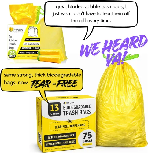 Miniatura 2 de Bolsas de basura biodegradables de 13 galones con cordón, 75 unidades, bolsas de basura altas a base de plantas de 1.4 mil de grosor con práctica
