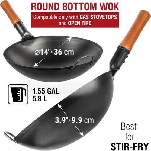 Miniatura 2 de YOSUKATA Juego de sartén Wok de acero al carbono de 14 pulgadas, presazonada, espátula y cucharón para wok de 17 pulgadas, resistente al calor, apto