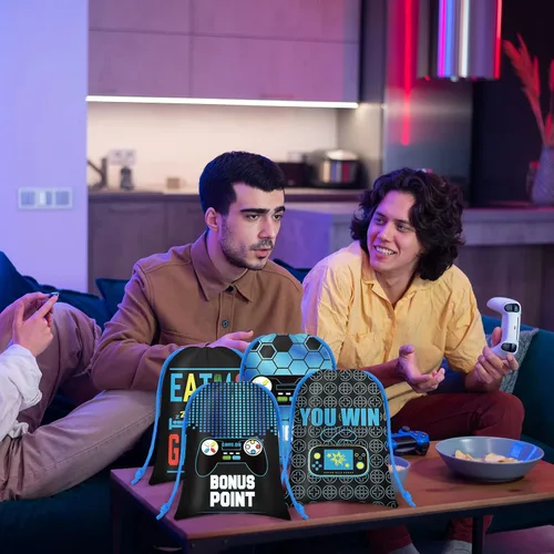 Miniatura 6 de Faccito 24 bolsas de videojuegos para juegos de fiesta de cumpleaños con cordón para decoración de fiesta de cumpleaños (azul)