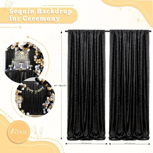 Miniatura 4 de Cortinas con lentejuelas doradas, 2 unidades de 2 x 8 pies, con brillantina, telón de fondo para bodas Negro