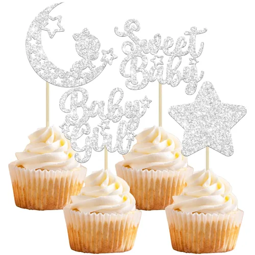 Miniatura 12 de Gyufise 24 piezas de adornos azules para cupcakes para bebé, con purpurina azul, estrellas, luna, dulce baby shower, niño, cupcakes para baby