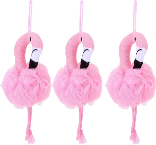 Beaupretty Bolas de baño de flamenco para niños, paquete de 3 esponjas de baño de dibujos animados, esponjas suaves para la ducha, masaje de piel