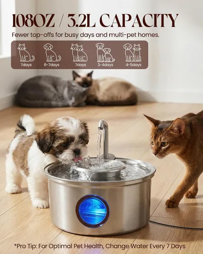 Miniatura 7 de Fuente de agua para gatos de acero inoxidable, fuente ultra silenciosa para gatos de 108 onzas / 3.2 L para beber con cuenco de agua extraíble