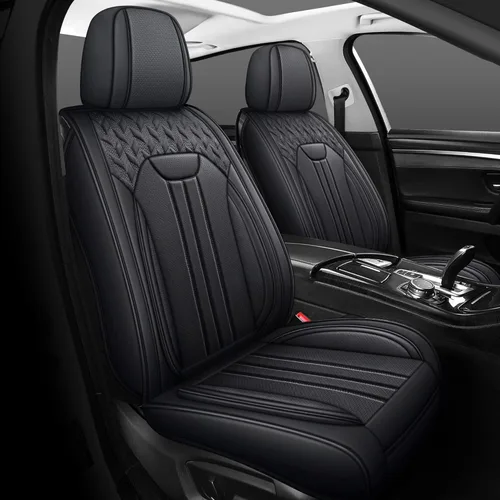 Miniatura 15 de LINGVIDO Funda de asiento de piel sintética (ajuste universal, línea roja negra), funda impermeable para asiento delantero de automóvil, SUV
