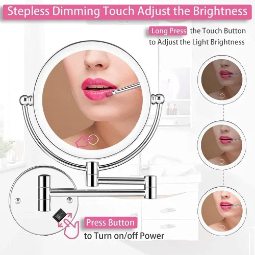 Miniatura 4 de Wall Mounted Makeup Mirror LED Touch Button Stepless Adjustable Light Double Sided 1X/5x Magnifying Vanity Mirror 360° Swivel Extendable for