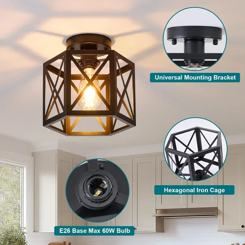 Miniatura 4 de XSDeTu Paquete de 2 Luces de Techo Semiempotradas Estilo Granja, Accesorio de Luz Industrial Negra para Pasillo, Pequeña Jaula de Metal Pegada al