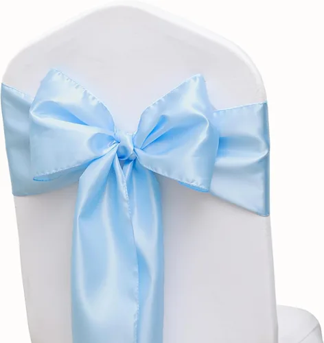 Miniatura 2 de Paquete de 50 cintas de satén para sillas color azul bebé, 7 x 108 pulgadas, cintas universales doradas para sillas de boda, ceremonia, fiesta