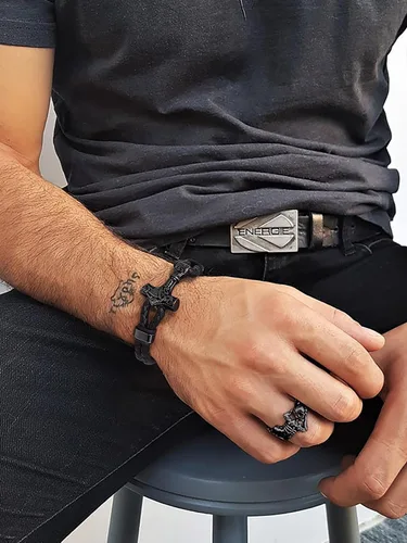 Miniatura 2 de Bandmax Pulsera trenzada de cuero negro para hombre con colgante gótico punk, pulsera de cuero con hebilla de acero inoxidable, paquete de regalo