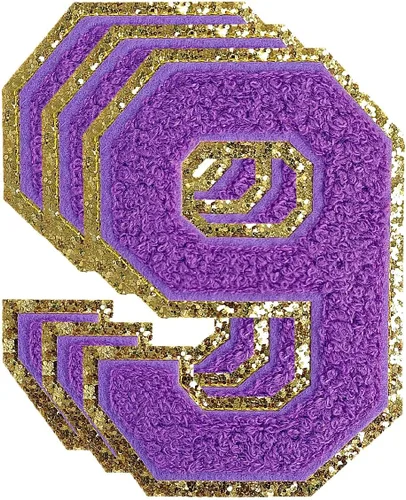 Miniatura 157 de 3 parches de números de chenilla negra, tamaño grande de 4-1/2" parches de números para planchar, parches universitarios para ropa, 8" Borde oro rosa