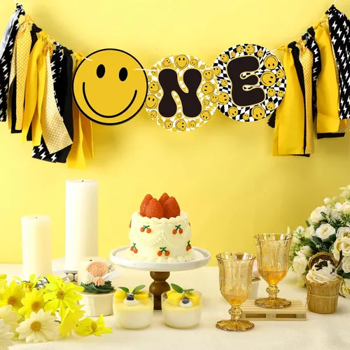 Miniatura 2 de Therwen Cartel para silla alta de One Happy Dude - Cartel de primer cumpleaños con cara de sonrisa y rayo, suministros de fiesta hippie para niños