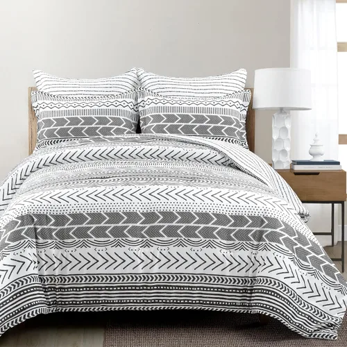 Lush Decor Hygge Geo - Juego de edredón reversible de 5 piezas, tamaño matrimonial/queen, negro y blanco